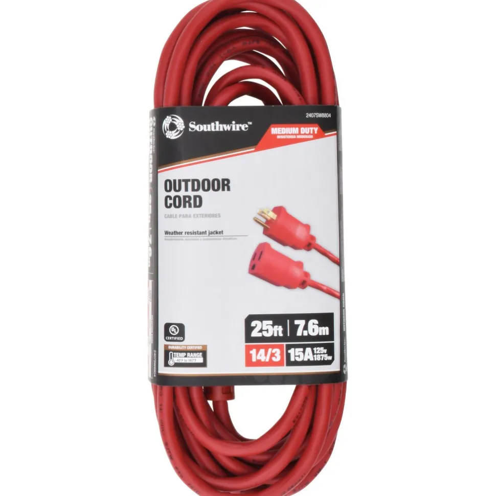 25', 14/3 Gauge/Conductors, Red Indoor & Outdoor Extension Cord