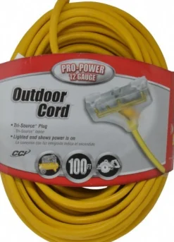 100', 12/3 Gauge/Conductors, Yellow Indoor & Outdoor Extension Cord