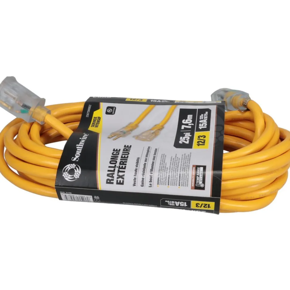 25', 12/3 Gauge/Conductors, Yellow Indoor & Outdoor Extension Cord