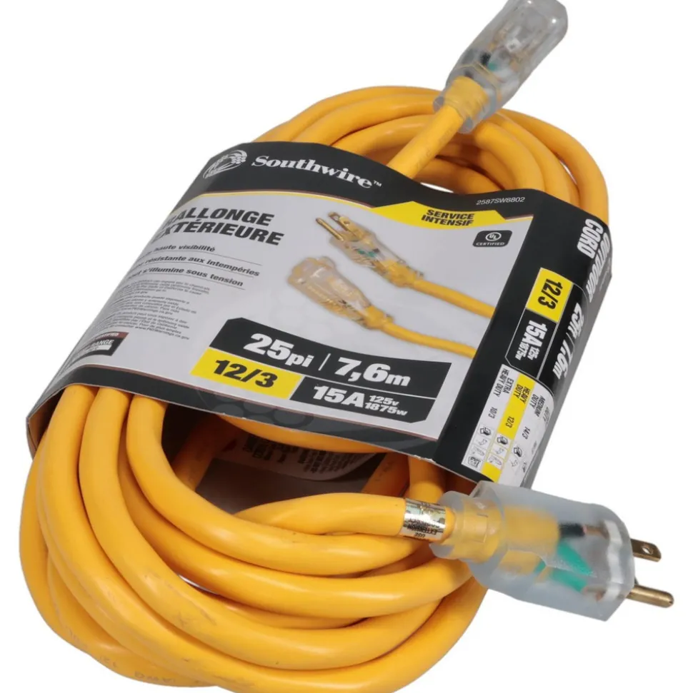 25', 12/3 Gauge/Conductors, Yellow Indoor & Outdoor Extension Cord