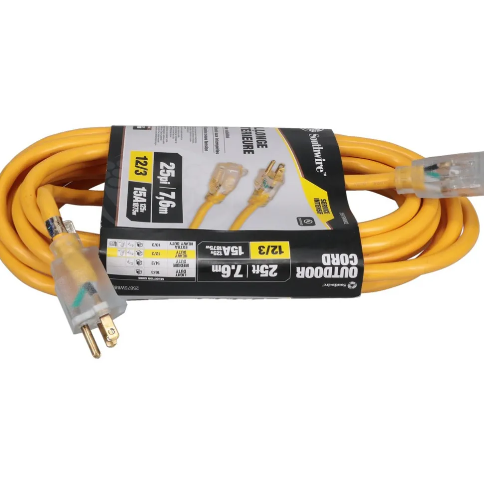 25', 12/3 Gauge/Conductors, Yellow Indoor & Outdoor Extension Cord