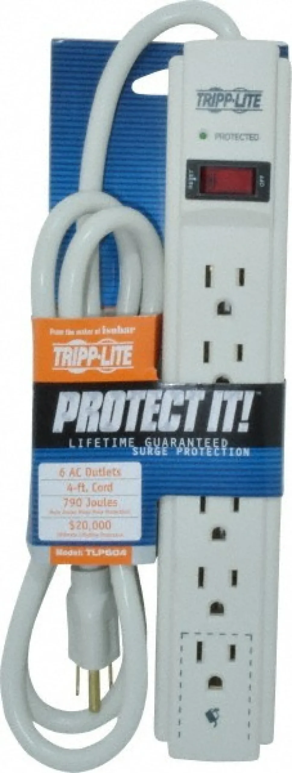 6 Outlets, 120 Volts, 15 Amps, 4' Cord, Power Outlet Strip