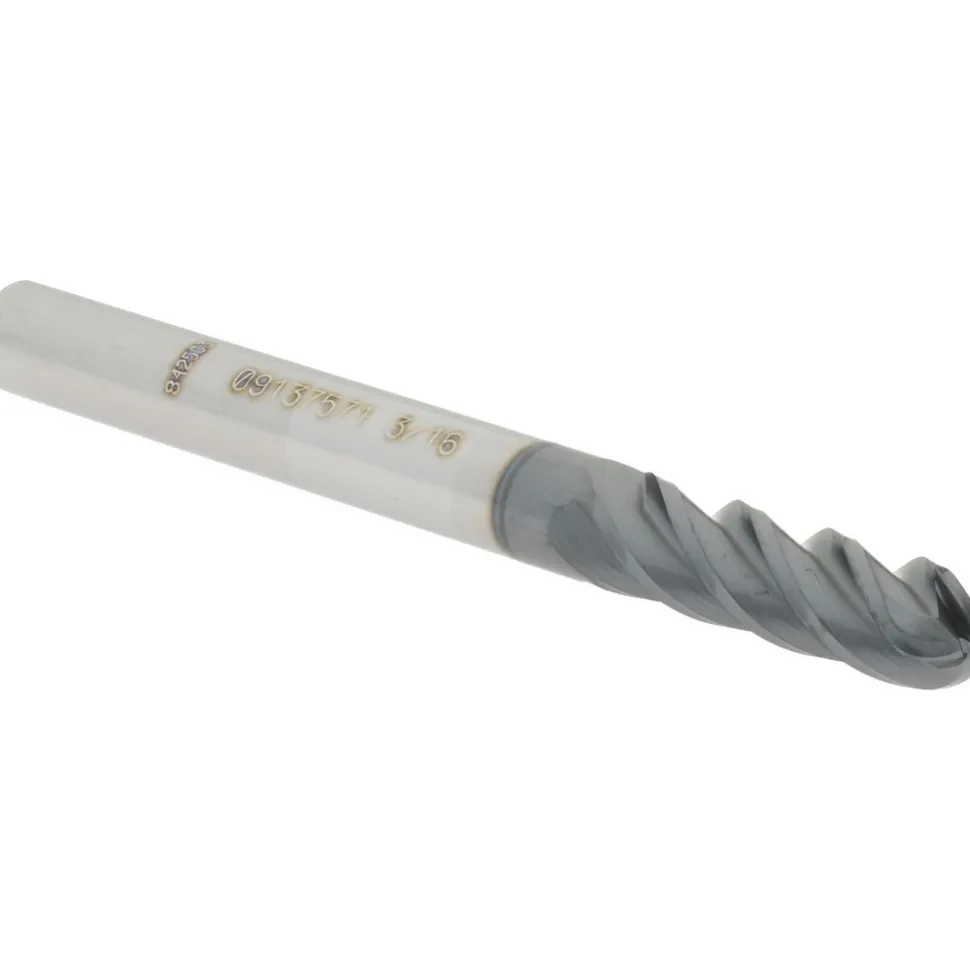 Ball End Mill: 3/16" Dia, 5/8" LOC, 4 Flute, Solid Carbide