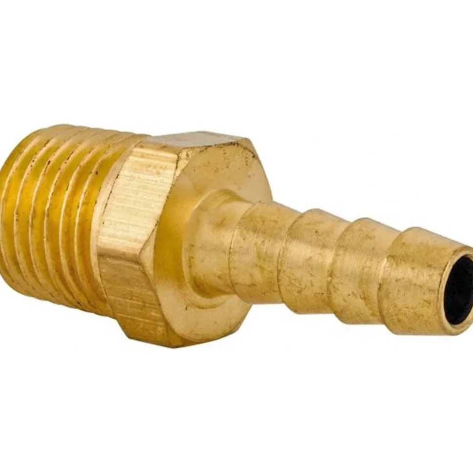 Barbed Hose Fitting: 1/4" NPT, 1/4" Hose ID, Male, Brass