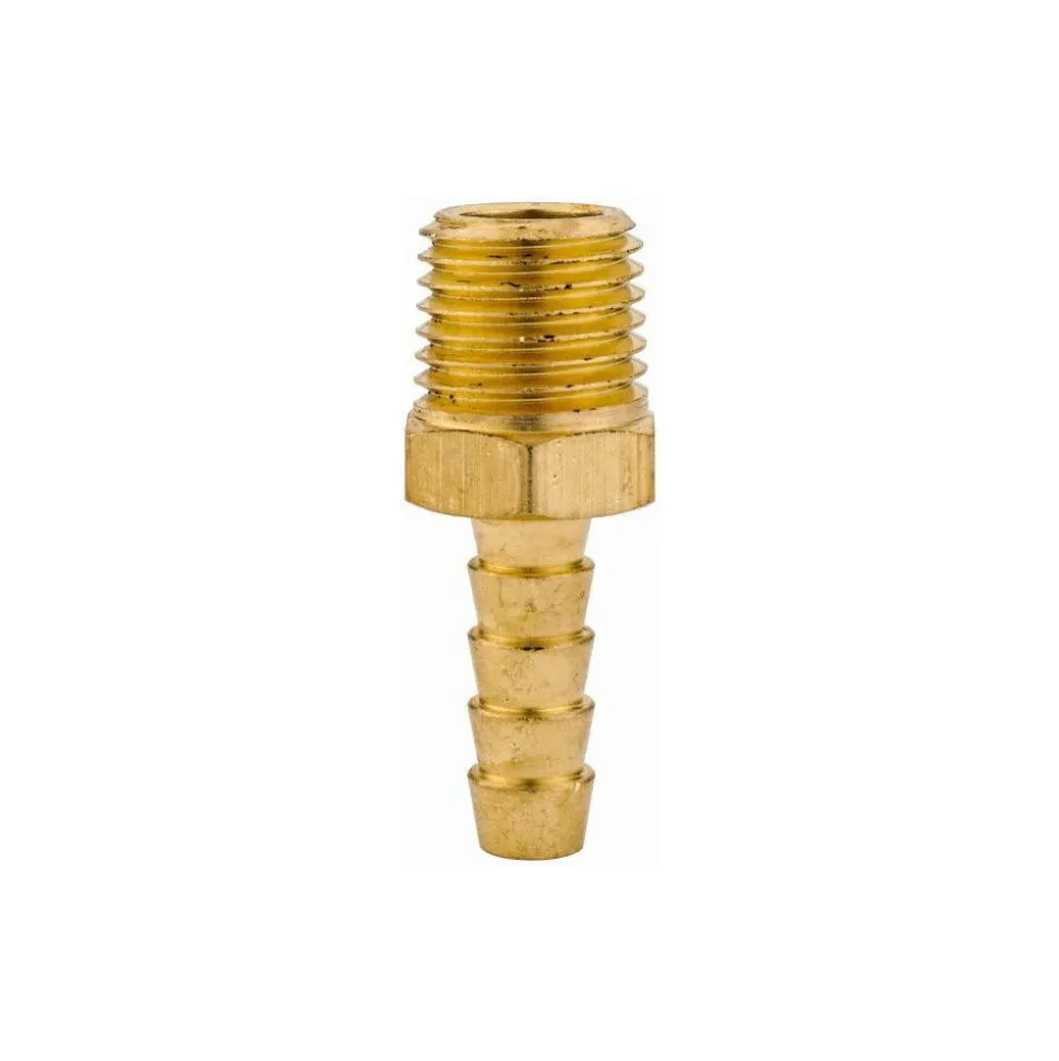 Barbed Hose Fitting: 1/4" NPT, 1/4" Hose ID, Male, Brass