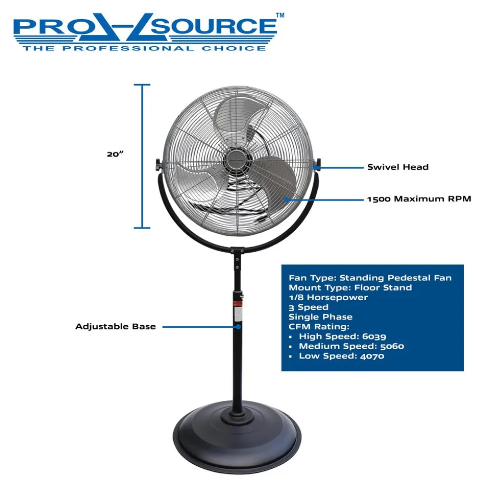 20" Blade, 1/8 hp, 6,039 Max CFM, Standing Pedestal Fan