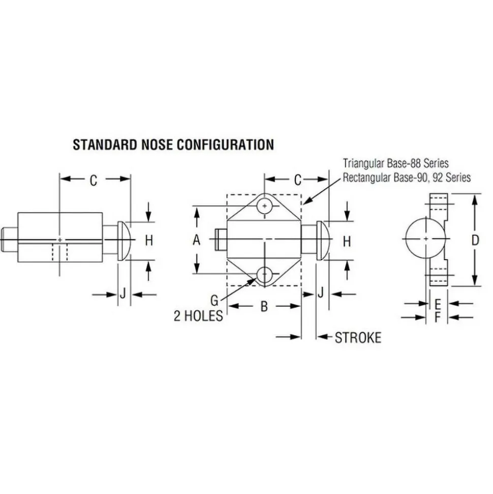 2" Body Width x 1-3/8" Body Len, 1/4" Stroke Len, 1-1/2" Btw Mt Hole Ctrs, 1.312" Btw Mt Hole & Edge, Tangless Square Spring Locating Stop