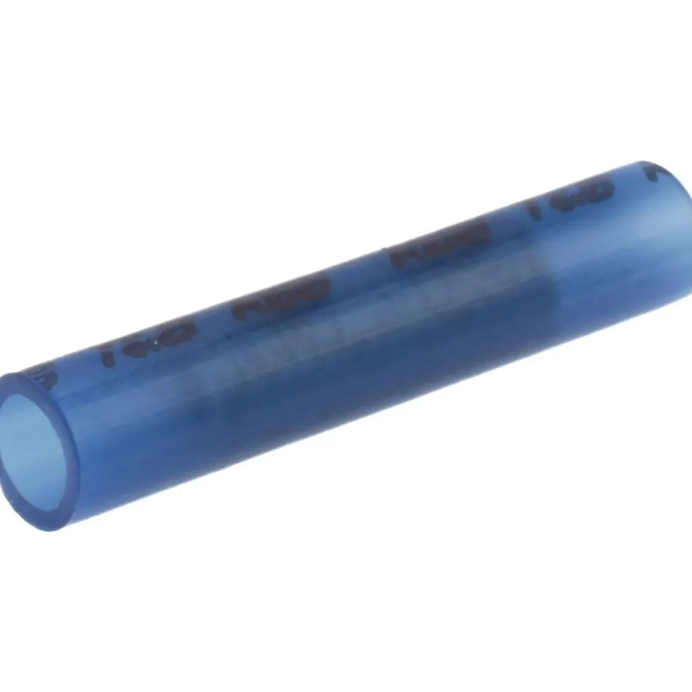 Butt Splice Terminal: Crimp-On, Blue, 16/14 AWG, Fully Insulated, Nylon