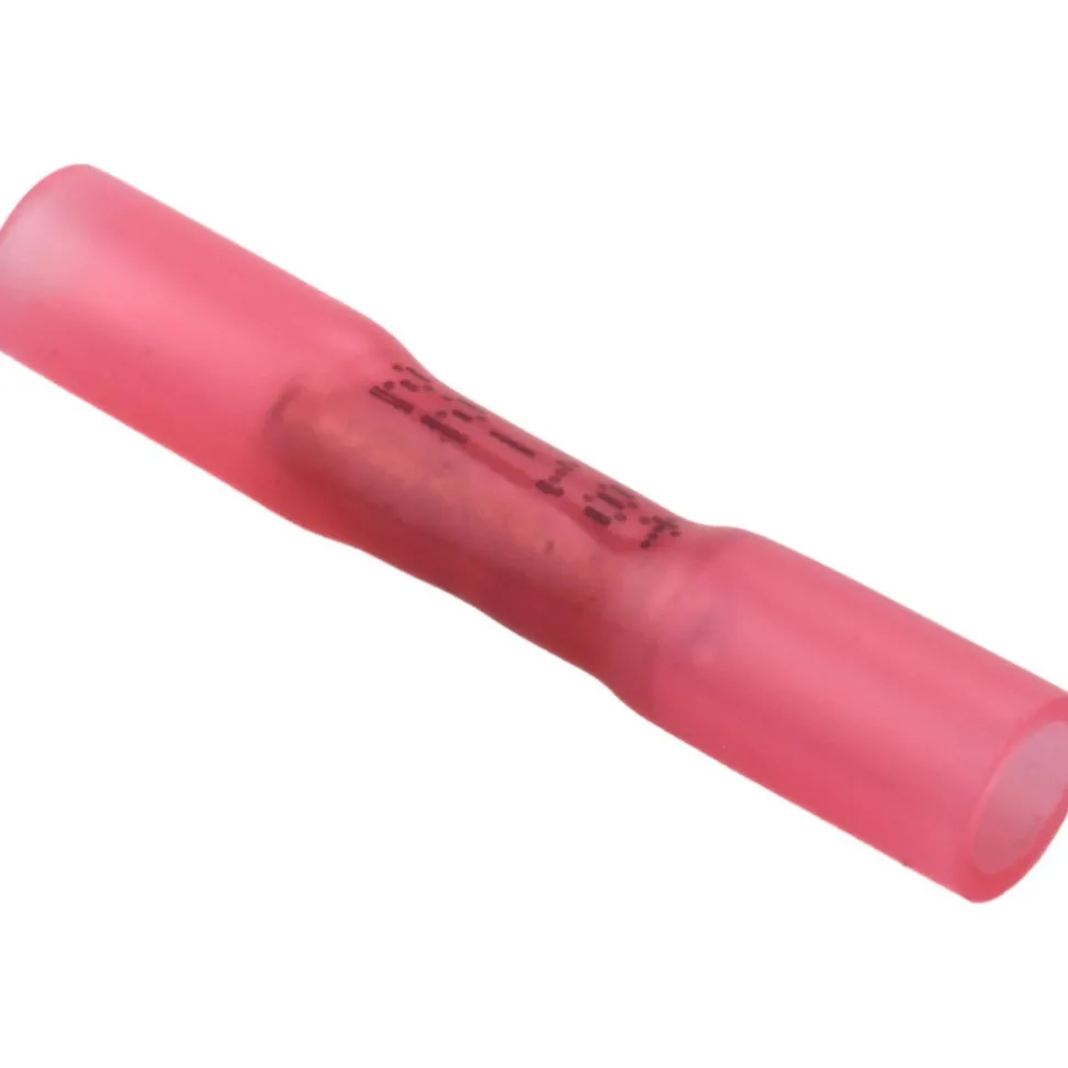 Butt Splice Terminal: Crimp-On, Red, 22/18 AWG, Fully Insulated, Heat Shrink