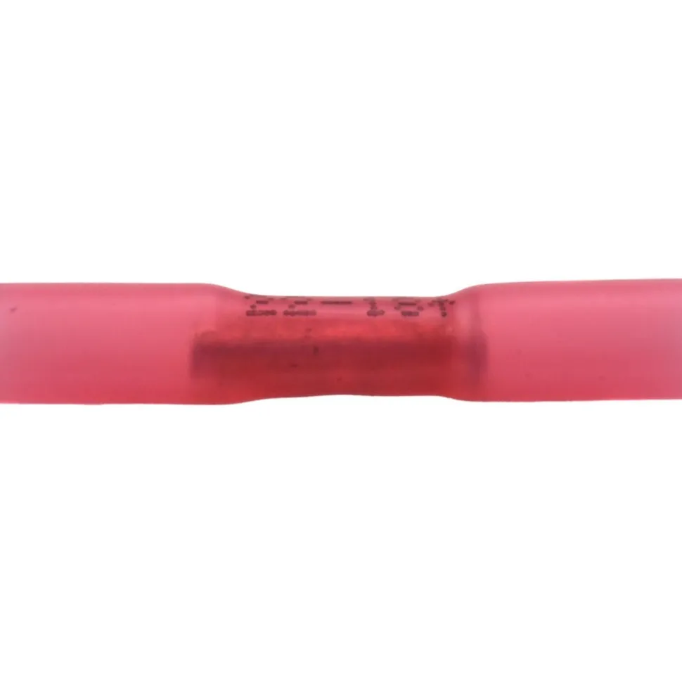 Butt Splice Terminal: Crimp-On, Red, 22/18 AWG, Fully Insulated, Heat Shrink