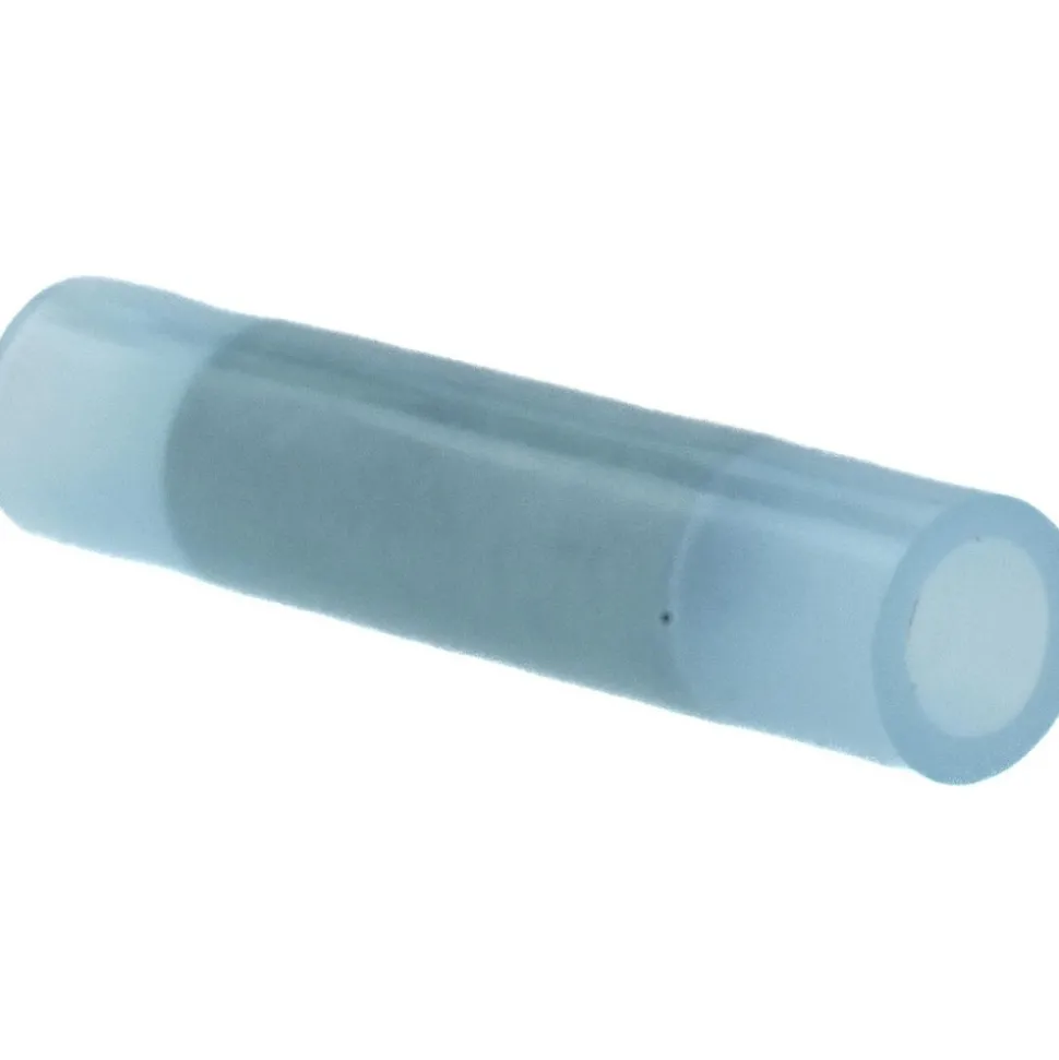 Butt Splice Terminal: Crimp-On, Blue, 16/14 AWG, Fully Insulated, Nylon