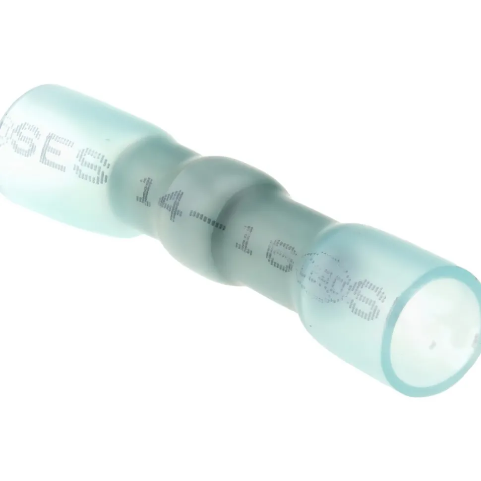 Butt Splice Terminal: Crimp-On, Blue, 16/14 AWG, Heat Shrink & Polyolefin