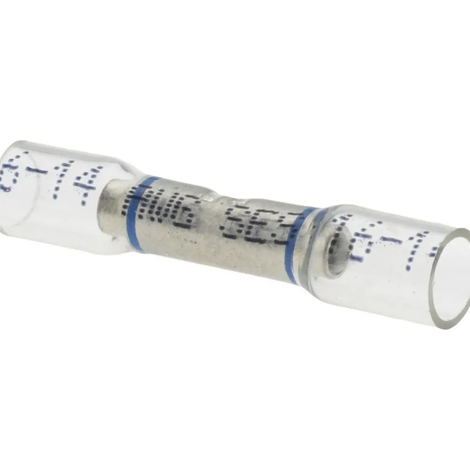 Butt Splice Terminal: Crimp-On, Clear, 16/14 AWG, Fully Insulated, Heat Shrink & Ionic Polymer