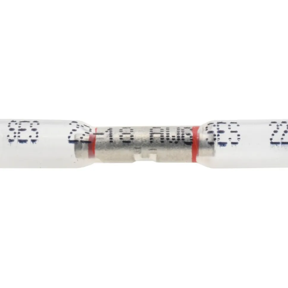Butt Splice Terminal: Crimp-On, Clear, 22/18 AWG, Fully Insulated, Heat Shrink & Ionic Polymer