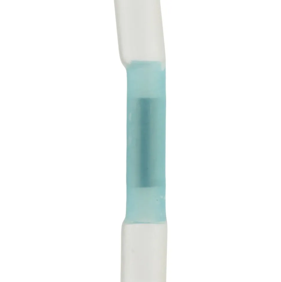 Butt Splice Terminal: Crimp-On, Blue, 16/14 AWG, Fully Insulated, Heat Shrink & Polyolefin