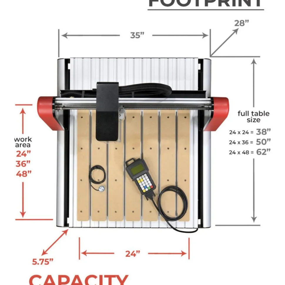 CNC Routers; X Axis Travel Length (Decimal Inch): 23.8100; Y Axis Travel Length (Decimal Inch): 24.0100; Z Axis Travel Length (Decimal Inch): 3.9370; Spindle Speed (RPM): 24000.00; Spindle Power (Watts): 800; Rapid Feed Rate (IPM): 150; Rapid Feed Rate (MPM): 3.81