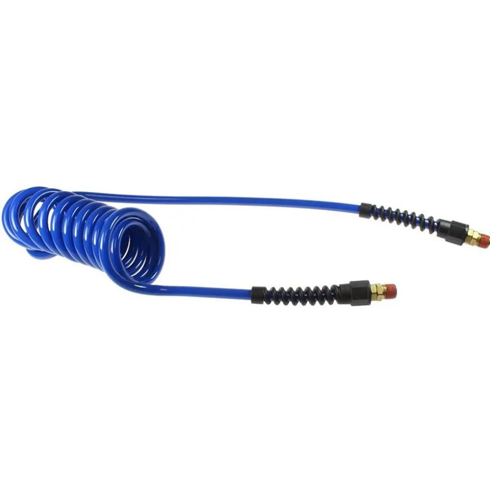 Coiled & Self Storing Hose: 1/4" ID, 25' Long, Male Swivel x Male Swivel with Strain Relief