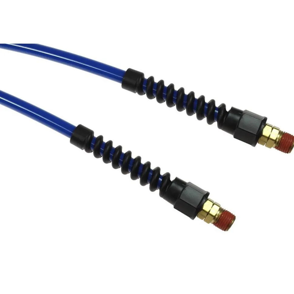 Coiled & Self Storing Hose: 1/4" ID, 25' Long, Male Swivel x Male Swivel with Strain Relief