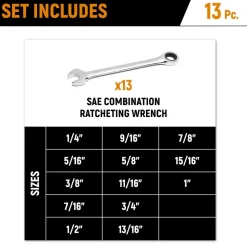 Combination Wrench Set: 13 Pc, 1/4 to 1" Wrench, Inch