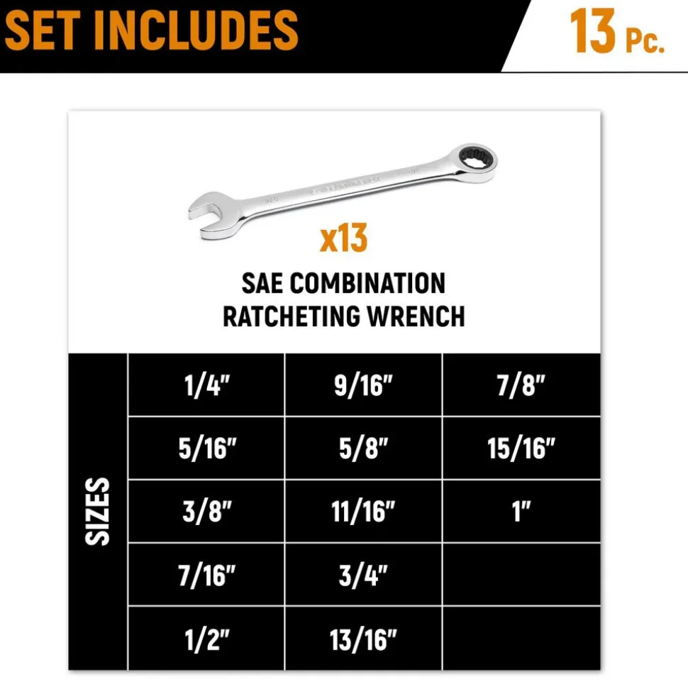 Combination Wrench Set: 13 Pc, 1/4 to 1" Wrench, Inch