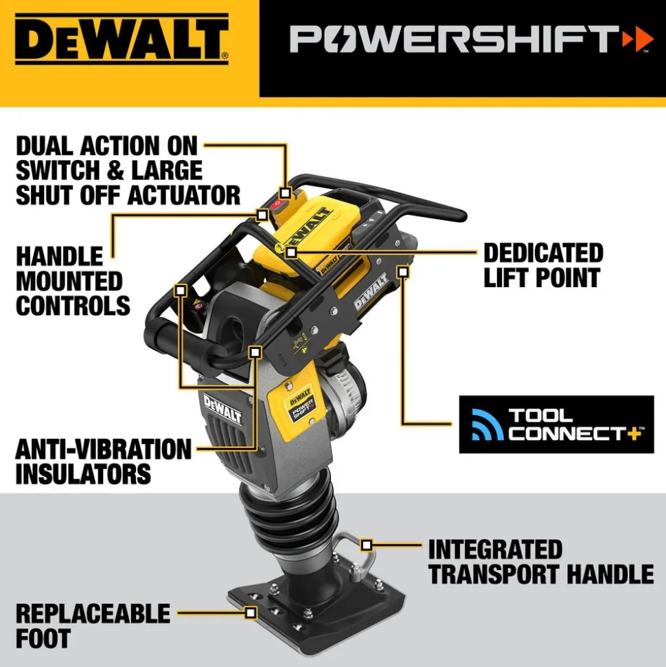 Concrete Tools: Includes: (1) DCPS660 60Kg Class Rammer, (2) DCBPS0554 554Wh Batteries, (1) DCBPSC0550 550W Charger; Material: Heavy-Duty Rubber, Steel (Frame); Tool Type: Rammer Kit