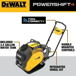 Concrete Tools: Includes: (1) DCPS7154 Forward Plate Compactor, (2) DCBPS0554 554Wh Batteries, (1) DCBPSC0550 550W Charger; Material: Heavy-Duty Rubber, Steel (Frame); Tool Type: Plate Compactor Wheel Kit