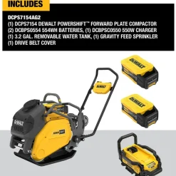 Concrete Tools: Includes: (1) DCPS7154 Forward Plate Compactor, (2) DCBPS0554 554Wh Batteries, (1) DCBPSC0550 550W Charger; Material: Heavy-Duty Rubber, Steel (Frame); Tool Type: Plate Compactor Wheel Kit