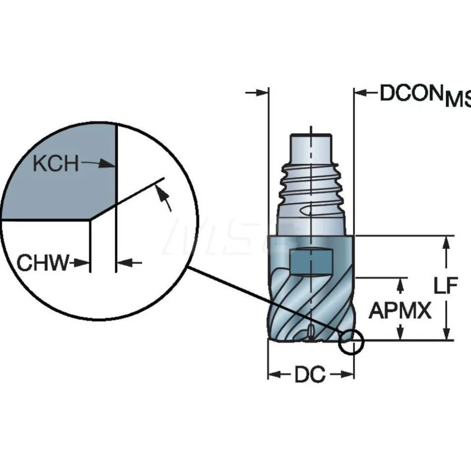 Corner Chamfer End Mill Head: 0.6299" Dia, 45 °, 6 Flute