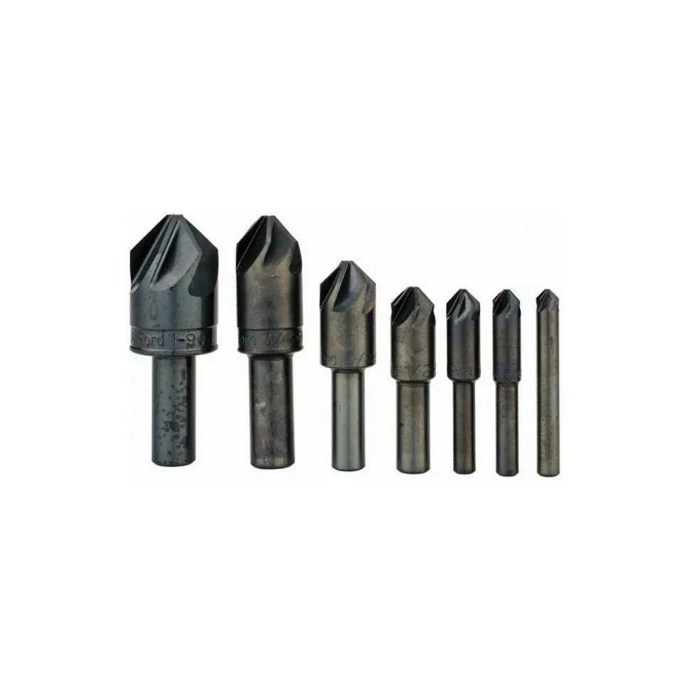 Countersink Set: 7 Pc, 1/4 to 1" Head Dia, 6 Flute, 90 deg Included Angle