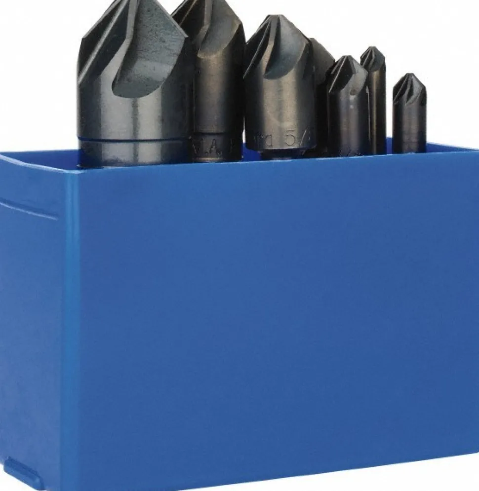 Countersink Set: 7 Pc, 1/4 to 1" Head Dia, 6 Flute, 90 deg Included Angle