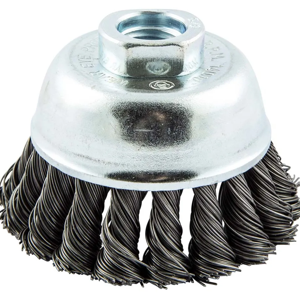 Cup Brush: 3" Dia, 0.02" Wire Dia, Carbon Steel, Knotted