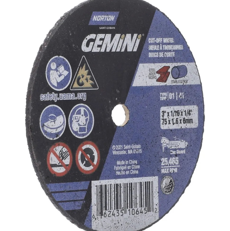 Cutoff Wheel: Type 1 (01/41), 3" Dia, 1/16" Thick, 1/4" Hole, Aluminum Oxide