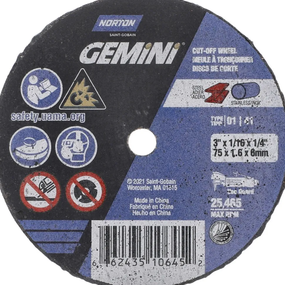 Cutoff Wheel: Type 1 (01/41), 3" Dia, 1/16" Thick, 1/4" Hole, Aluminum Oxide