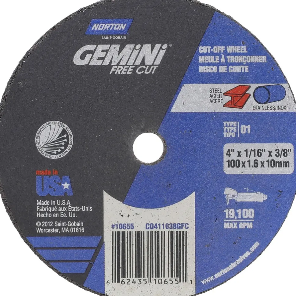 Cutoff Wheel: Type 1 (01/41), 4" Dia, 1/16" Thick, 3/8" Hole, Aluminum Oxide