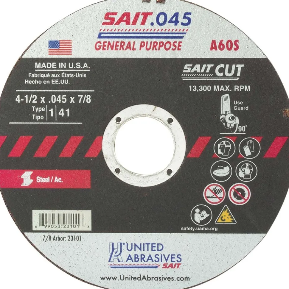 Cutoff Wheel: Type 1 (01/41), 4-1/2" Dia, 0.0450" Thick, 7/8" Hole, Aluminum Oxide