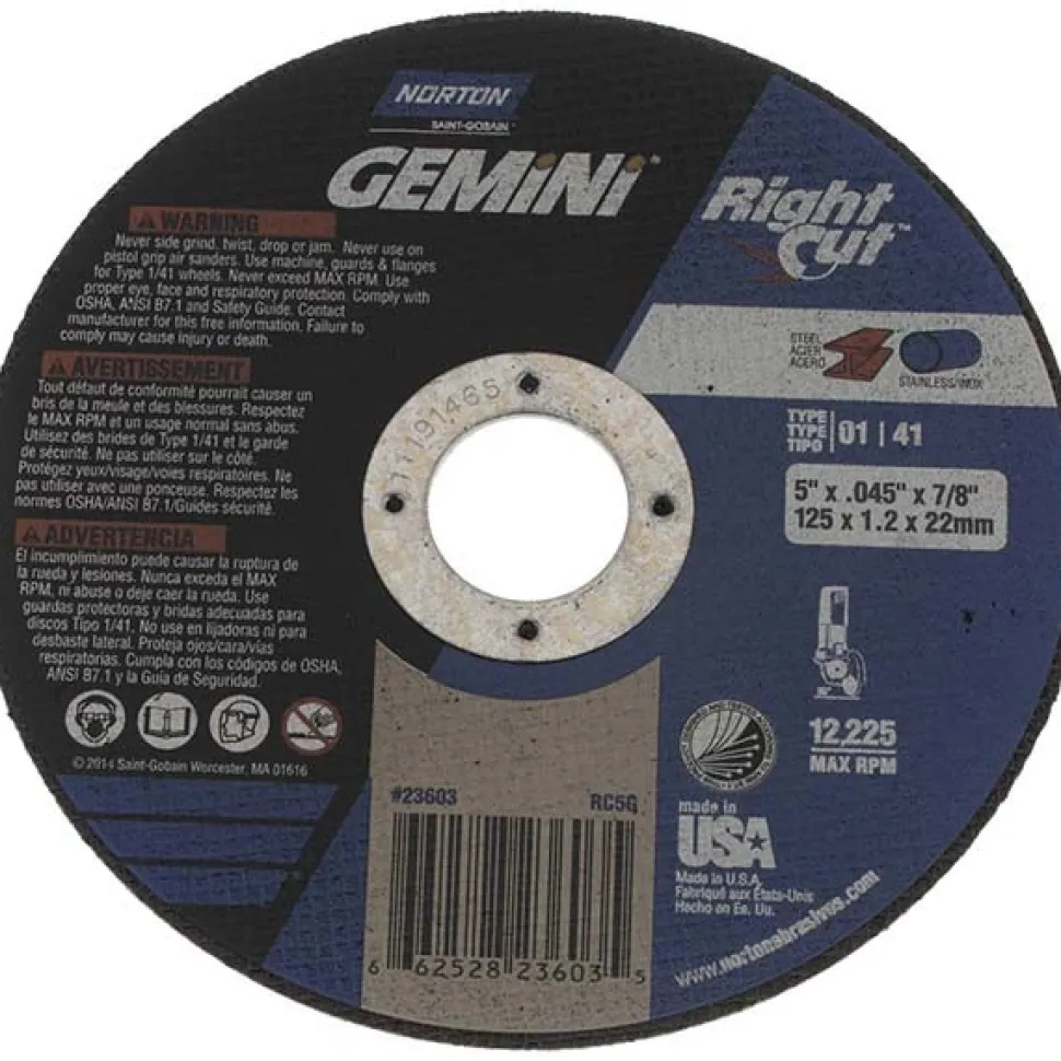 Cutoff Wheel: Type 1 (01/41), 5" Dia, 0.0450" Thick, 7/8" Hole, Aluminum Oxide
