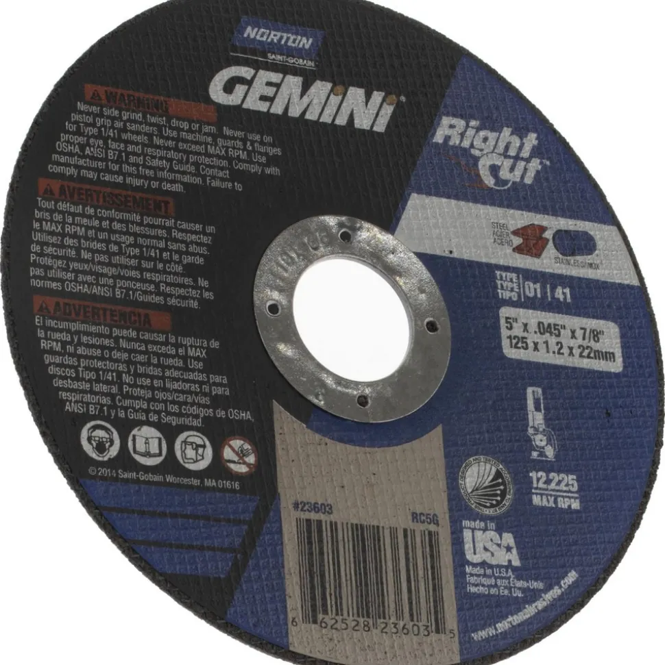 Cutoff Wheel: Type 1 (01/41), 5" Dia, 0.0450" Thick, 7/8" Hole, Aluminum Oxide