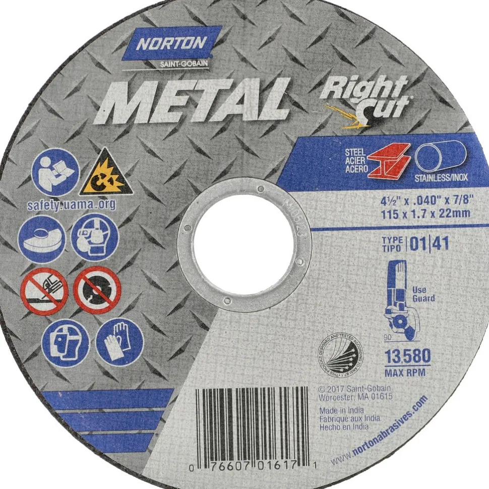 Cutoff Wheel: Type 1 (01/41), 4-1/2" Dia, 0.0400" Thick, 7/8" Hole, Aluminum Oxide