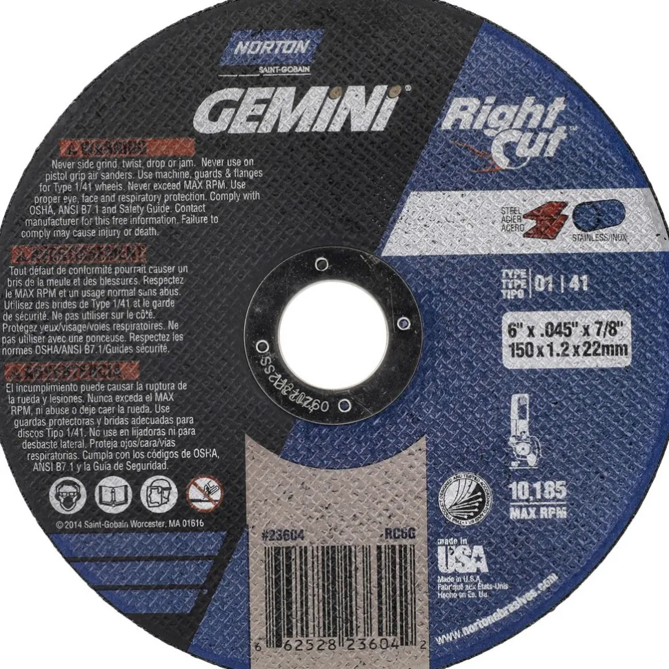 Cutoff Wheel: Type 1 (01/41), 6" Dia, 0.0450" Thick, 7/8" Hole, Aluminum Oxide