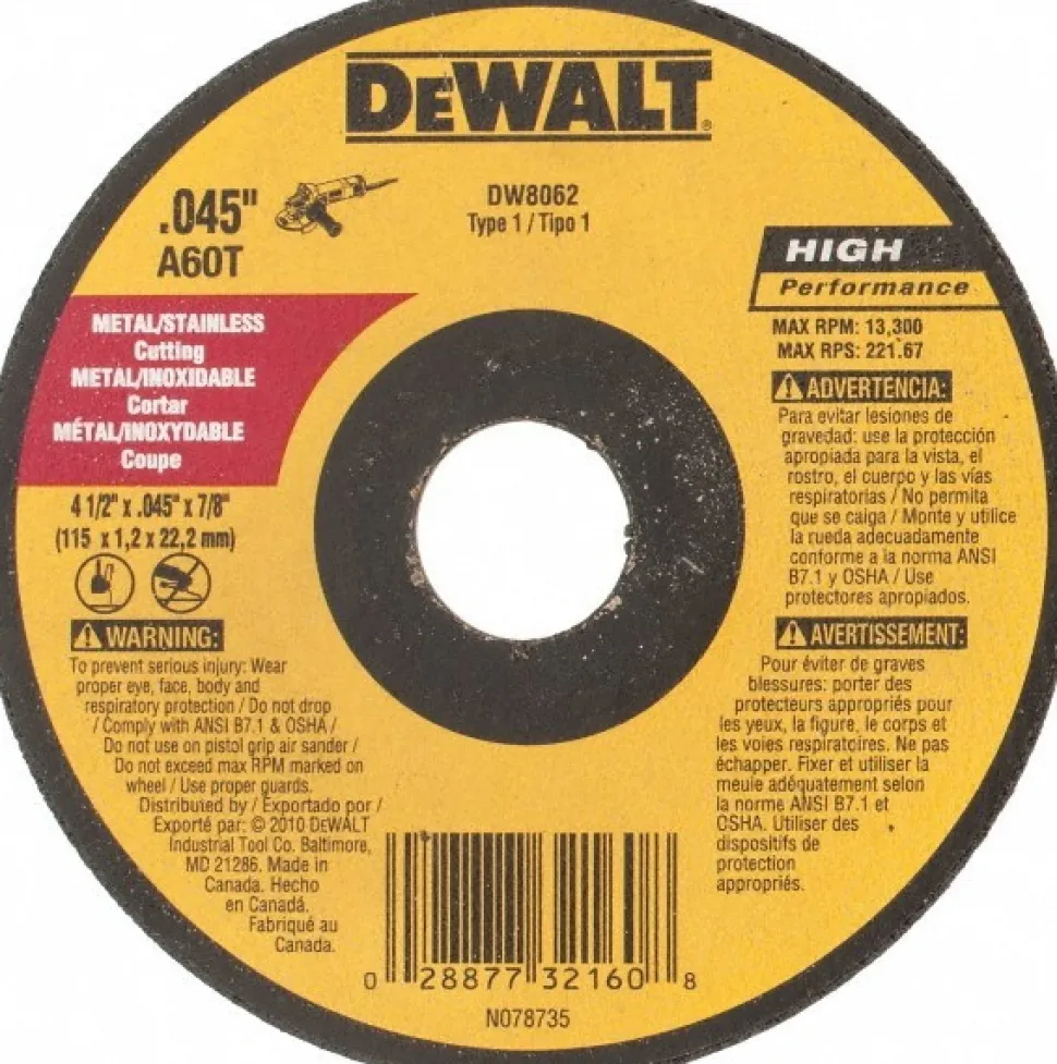 Cutoff Wheel: Type 1 (01/41), 4-1/2" Dia, 0.0450" Thick, 7/8" Hole, Aluminum Oxide