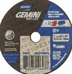 Cutoff Wheel: Type 1 (01/41), 3" Dia, 1/16" Thick, 3/8" Hole, Aluminum Oxide