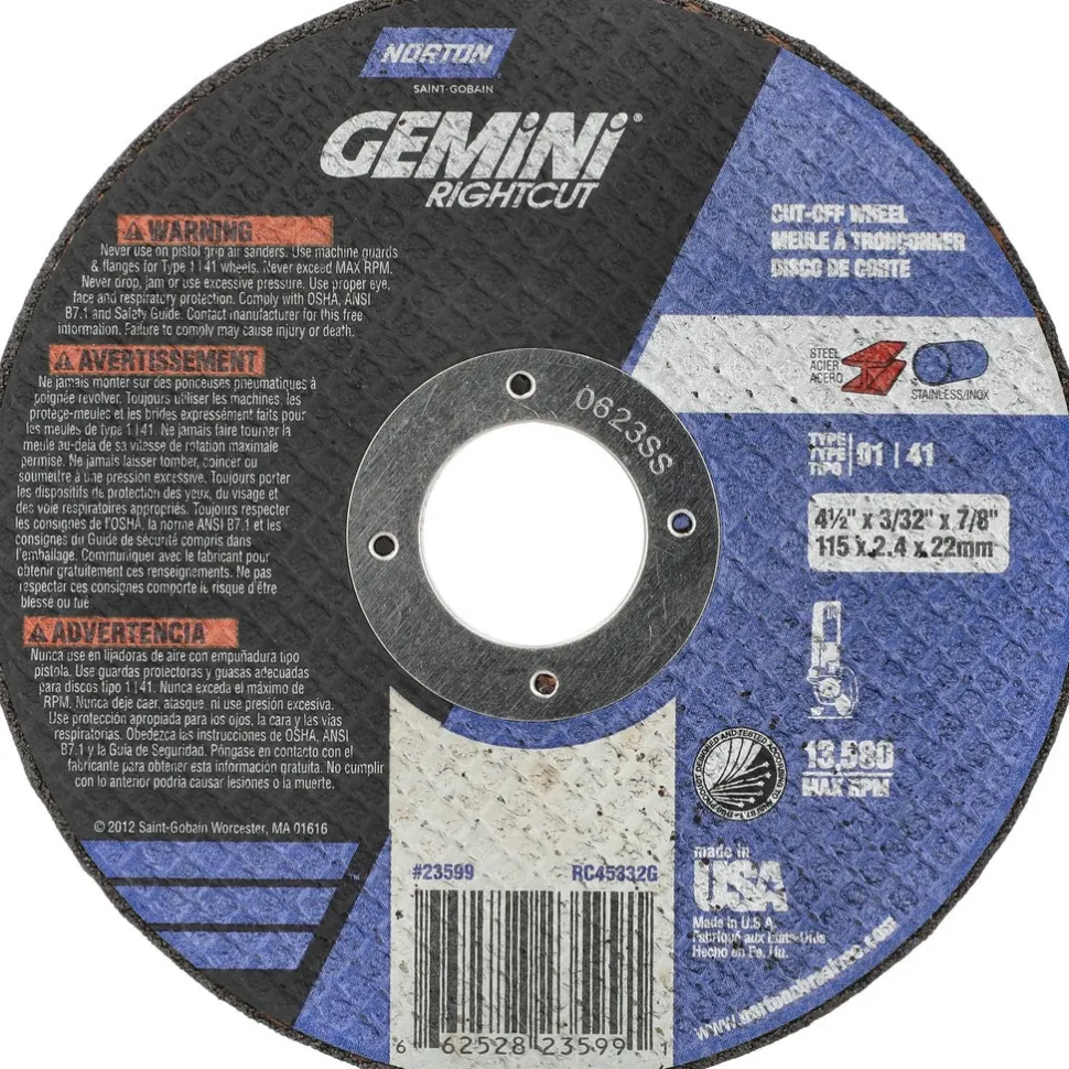 Cutoff Wheel: Type 1 (01/41), 4-1/2" Dia, 3/32" Thick, 7/8" Hole, Aluminum Oxide