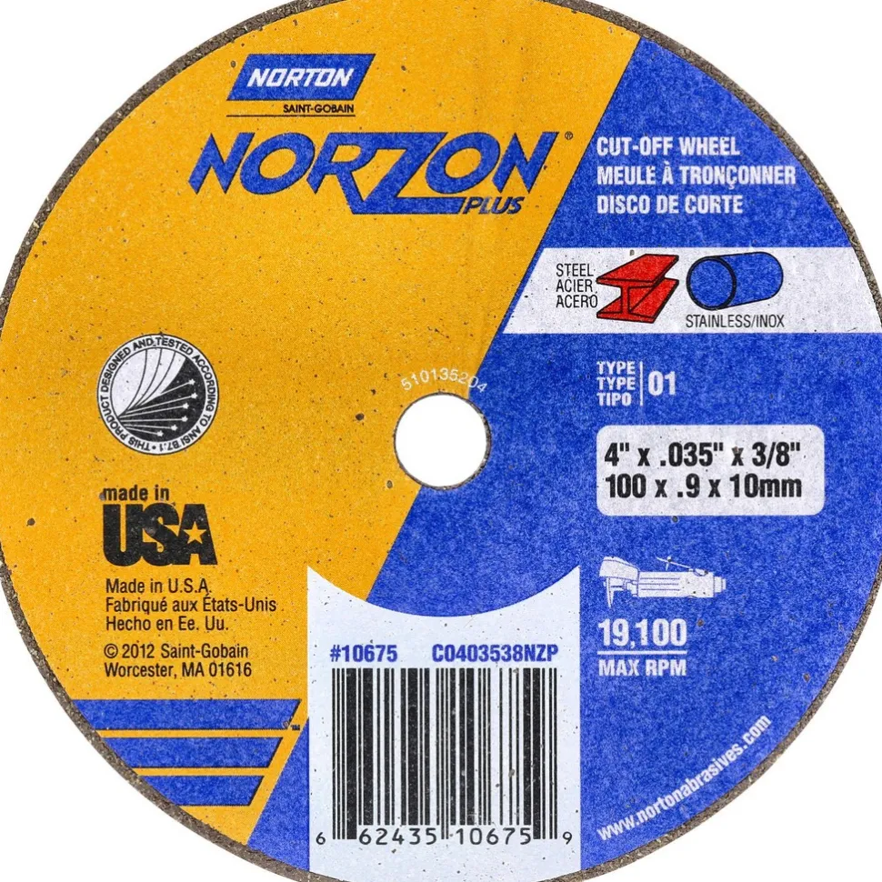 Cutoff Wheel: Type 1 (01/41), 4" Dia, 0.0350" Thick, 3/8" Hole, Ceramic Alumina