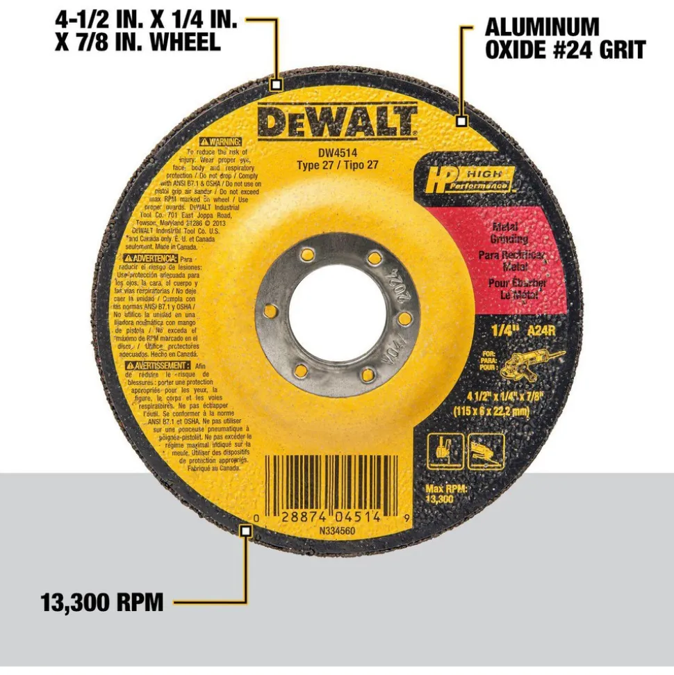 Depressed-Center Wheel: Type 27, 4-1/2" Dia, 1/4" Thick, 7/8" Hole, Aluminum Oxide