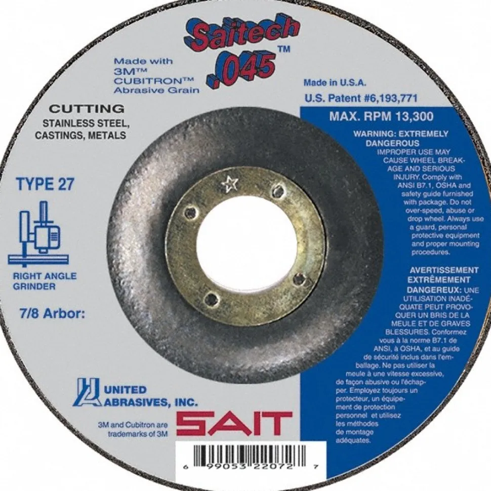 Depressed-Center Wheel: Type 27, 4-1/2" Dia, 0.0450" Thick, 7/8" Hole, Ceramic Alumina