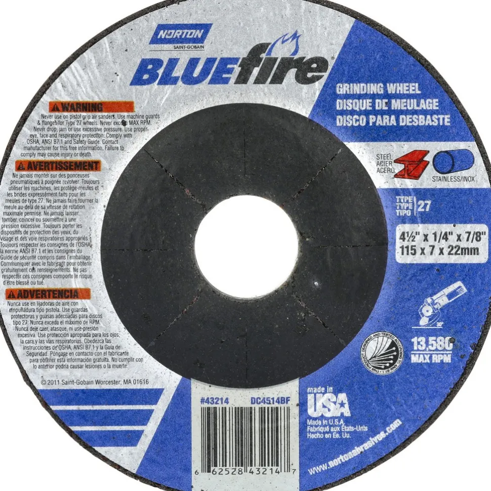Depressed-Center Wheel: Type 27, 4-1/2" Dia, 1/4" Thick, 7/8" Hole, Zirconia Alumina