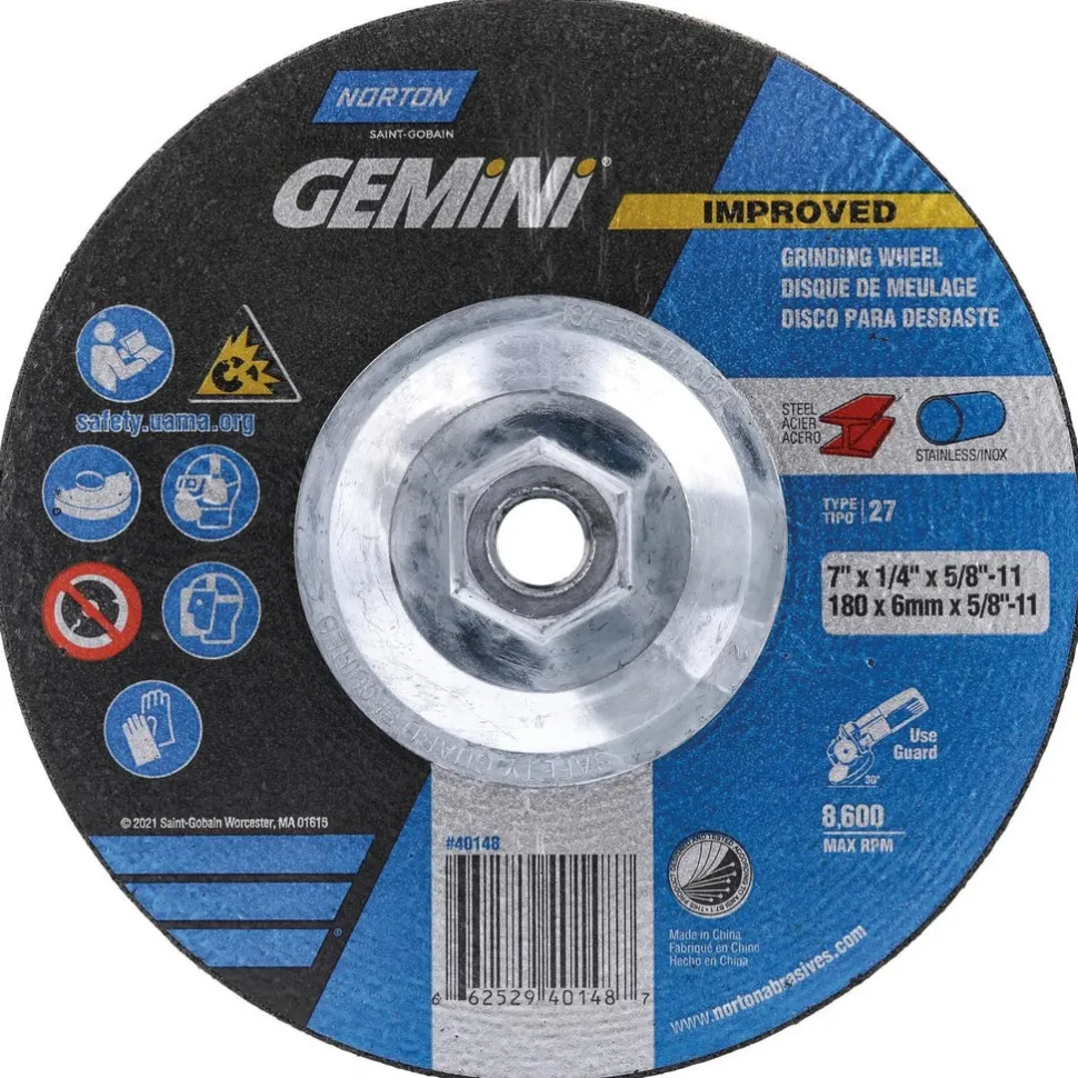 Depressed-Center Wheel: Type 27, 7" Dia, 1/4" Thick, 5/8-11 Hole, Aluminum Oxide