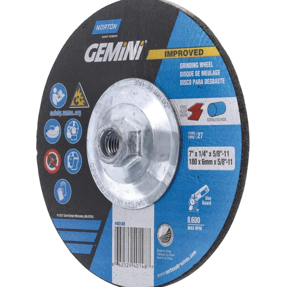 Depressed-Center Wheel: Type 27, 7" Dia, 1/4" Thick, 5/8-11 Hole, Aluminum Oxide