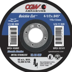 Depressed-Center Wheel: Type 27 & Type 42, 4-1/2" Dia, 0.0450" Thick, 7/8" Hole, Zirconia Alumina
