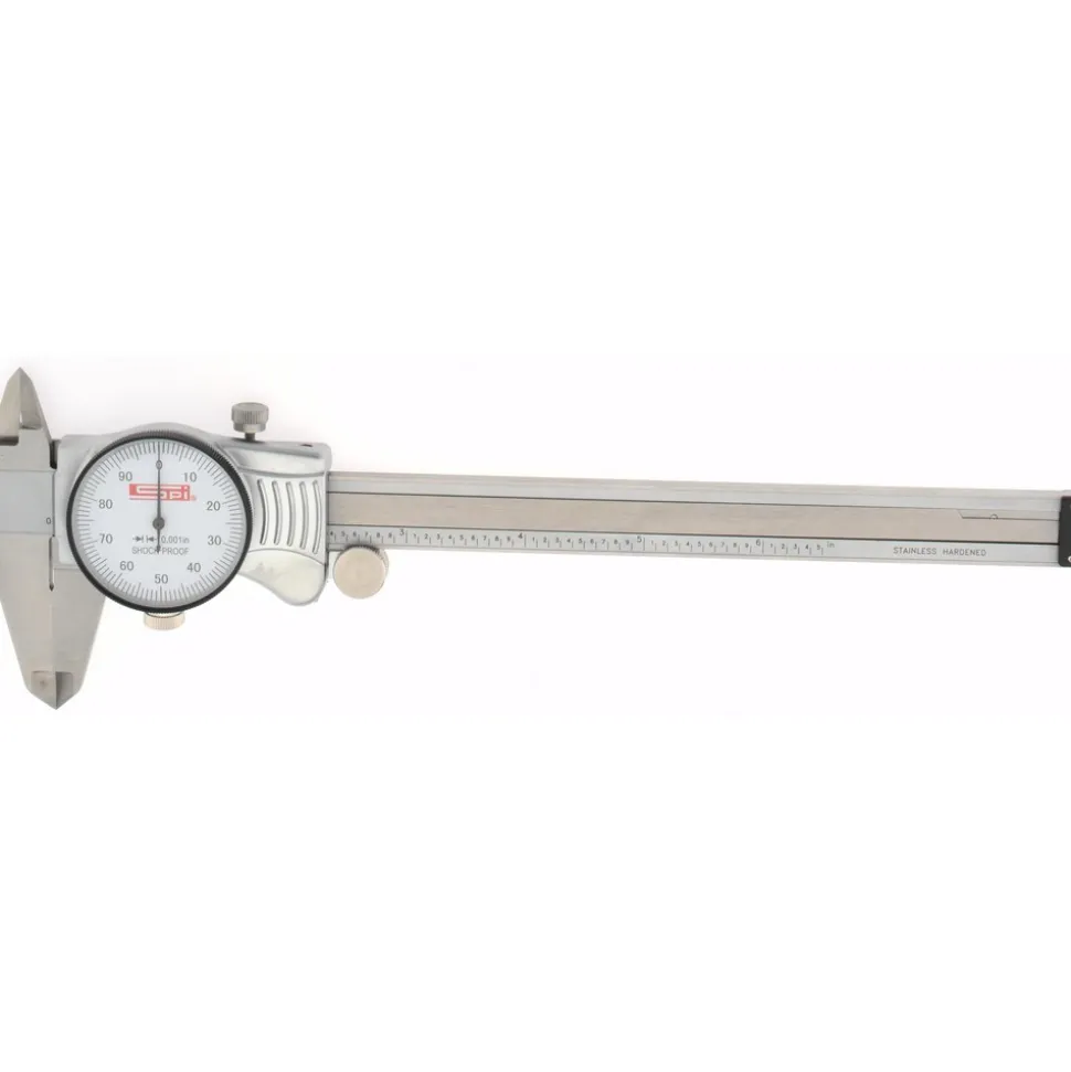 Dial Caliper: 6", 0.001000" Graduation, 0.1000" per Revolution, 0.0010" Accuracy, Calibrated, Stainless Steel Jaws